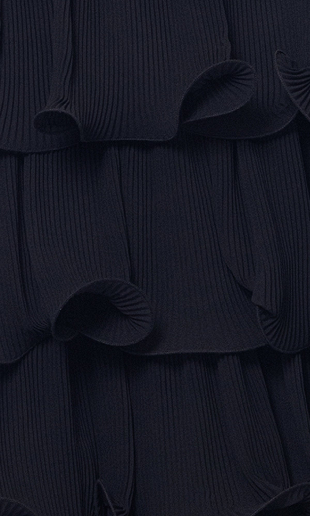 Close-up of layered black fabric with pleated, ruffled texture from the Long Formal Dress: Betsy and Adam A26956.